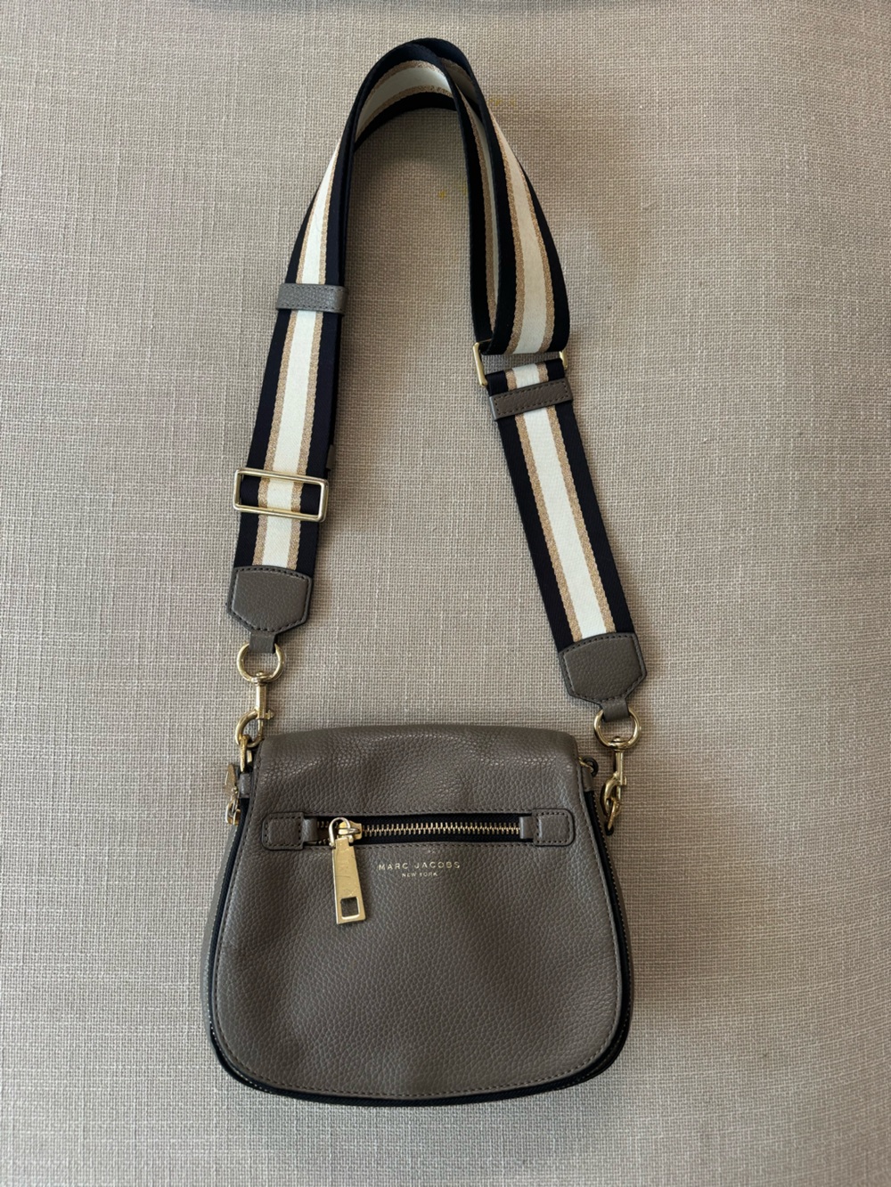 Marc Jacobs Taupe Leather Crossbody Bag with Striped Black & Cream Strap